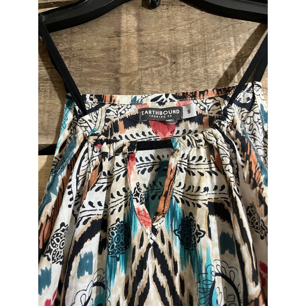 Earthbound Trading‎ Co Womens Small Boho Ikat Pom Pom Trim Mini Dress Multicolor